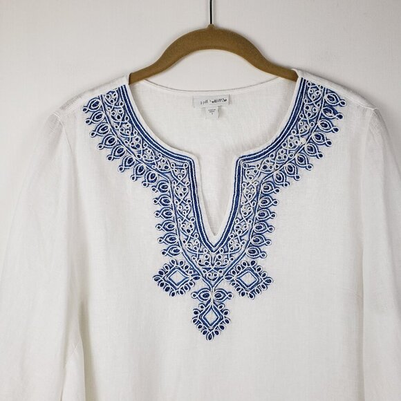 J Jill Love Linen Tunic Top Blue White Embroidered Beach Coastal Size Small - Picture 3 of 9